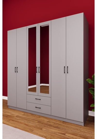 Asra Trend 6 Kapaklı Gardırop G-05 %100 MDF 2 Çekmeceli Aynalı Elbise Dolabı Kül Gri