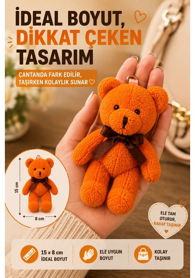 1 Adet Turuncu Peluş Ayıcık Anahtarlık 15x8 Cm Çanta Sırt Çantası Anahtar Aksesuar Sevimli Fiyonk