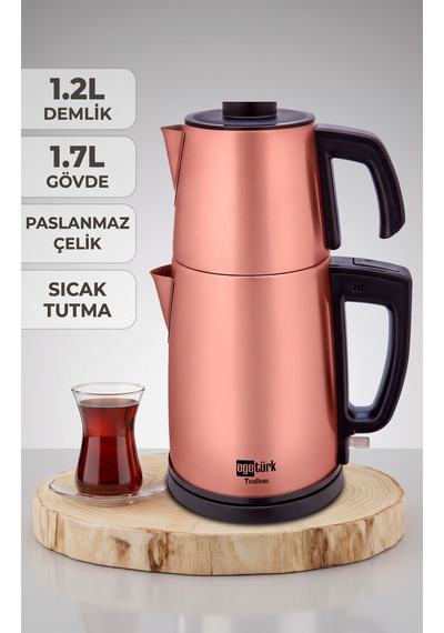 Egetürk Teadem 2000w Elektrikli Çay Makinesi, Çaycı 1.7l Su Isıtıcısı .2l Demlik Paslanmaz Çelik Rose