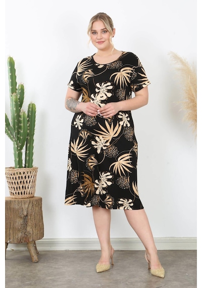 Mooi Xxl Kadın Siyah Vizon Floral Desen Midi Elbise Siyah