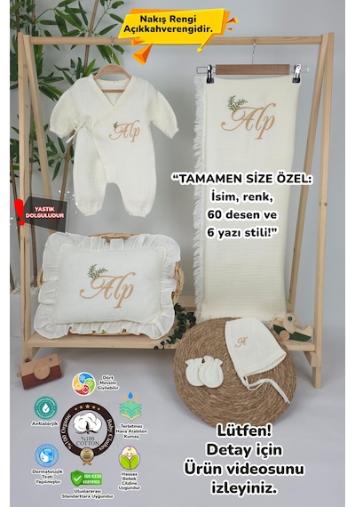 Gros Shop Müslin Yeni Doğan 4katlı Organik %100pamuk Kişiye Özgü Nakışlı Hastane Çıkış Seti-dal Model Ekru