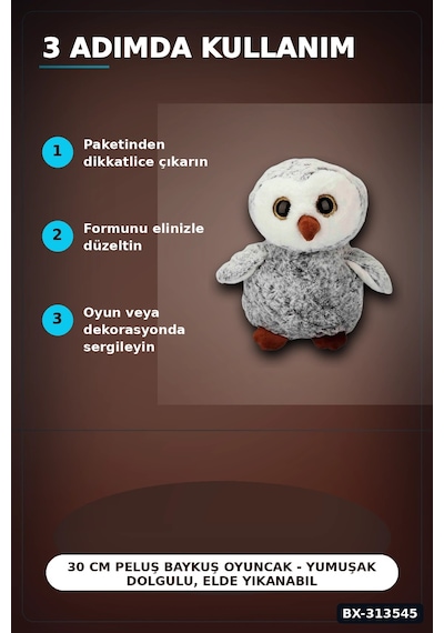 30 Cm Peluş Baykuş Oyuncak - Yumuşak Dolgulu, Elde Yıkanabilir, Kahverengi-siyah Seçenekli Bx-313545 001 - Beyaz