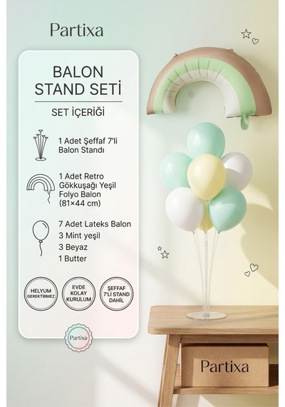 Retro Gökkuşağı Yeşil Balon Stand Seti Şeffaf 7 Li Stand + Retro Gökkuşağı Yeşil Folyo Balon 81 44 Cm + 7 Lateks Balon