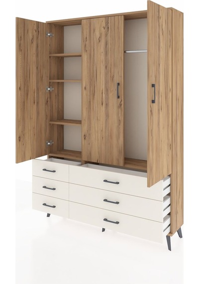 Arges Dolap 5 Raflı 6 Çekmeceli Tek Askılı 132x30x195 Çam-çam... Çam