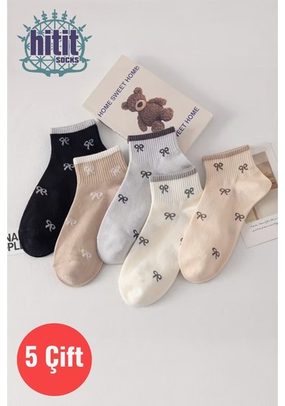 Hitit Socks Kadın 5 Çift Premium Kalite Mini Kurdale Desenli Sevimli Kısa Kolej Çorap Asorti