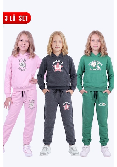Panios Kids Kız Çocuk 3'lü Baskılı Kanguru Cepli Kapüşonlu Eşofman Takımı Pembe-füme-yeşil