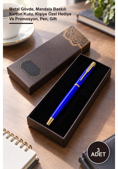 3 Adet Mavi Metal Roller Kalem Metal Gövde, Mandala Baskılı Karton Kutu, Kişiye Özel Hediye Ve Promosyon, Pen, Gift