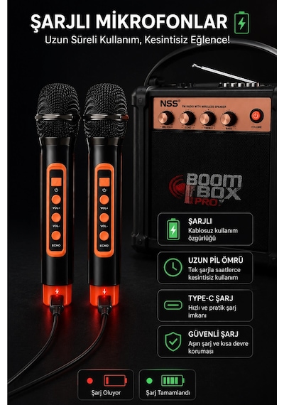 Nss Ns-992mıc Boombox Pro Kablosuz Karaoke Hoparlör Fm Radyo 2 Adet Mikrofon