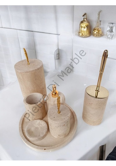 Sarı Traverten Klasik Model 7 Parça Gold Renk Kuş Tüyü Aksesuarlı Banyo Seti Sarı Traverten