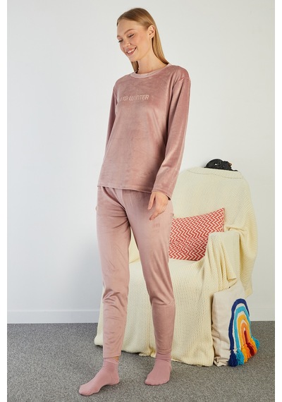 Fullamoda I Love Winter Kabartma Baskılı Kadife Pijama Takımı Gül