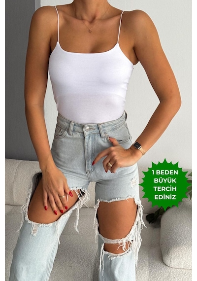 Balenbi Kadın Basic Ip Askılı Uzun Penye Body 1067 Beyaz