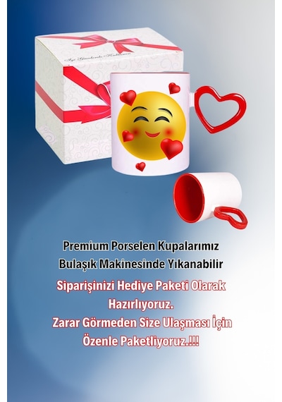 Kalp Emoji Baskılı Kalpli Kırmızı Kupa Bardak Çay Kahve Fincanı Beyaz