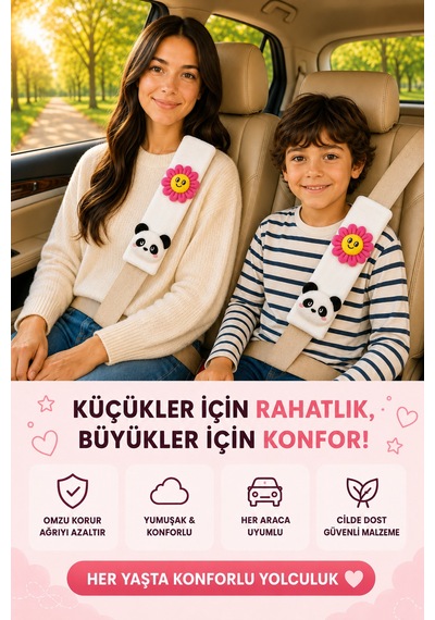 Papatya Ve Pandalı Emniyet Kemeri Aksesuarı - Emniyet Kemeri Kılıfı - Araç Emniyet Kemeri Omuz Koruyucu 1 Adet