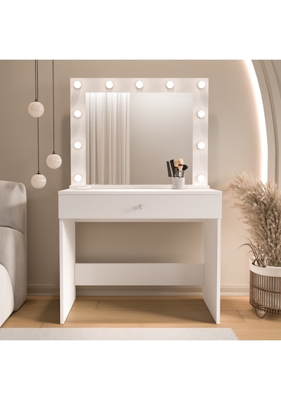 Robin Home Hollywood Makyaj Masası Çekmeceli Hollywood Led Işıklı Raflı Beyaz