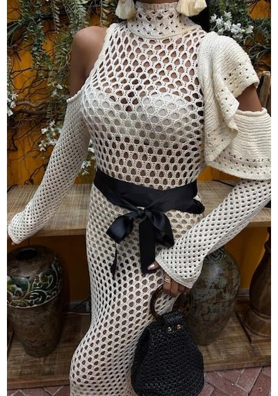 Moderie Butik Saten Kuşaklı Ajurlu Triko Elbise 2847 Ekru