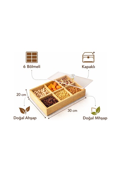 Bambu 6 Bölmeli Şık Kapaklı Çerezlik / Poşet Çay Saklama Kutusu Organizer Kahverengi