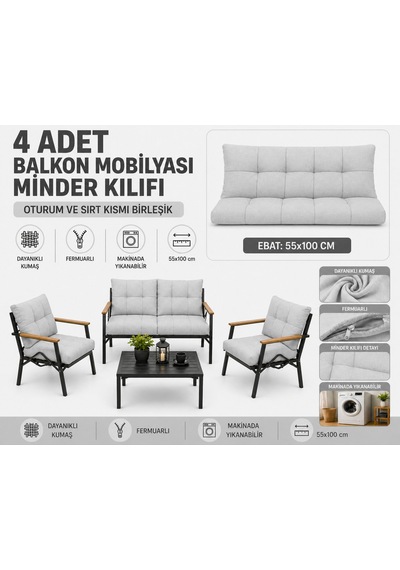 Doruk Home Doruk Açık Gri Balkon Mobilyası Minder Kılıfı 55x100cm 4 Oturumlu Minder Kılıfı