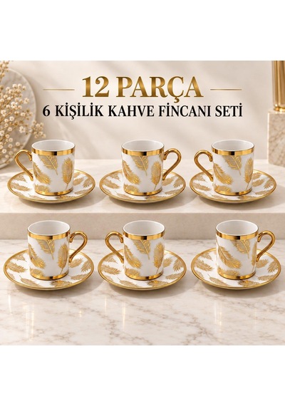 Valkyrie 12 Parça 6 Kişilik 80 Ml Türk Kahvesi Fincan Takımı Gold Yaprak Desenli K654-b