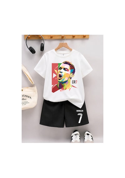 Stil-x Ronaldo Baskılı Erkek Çocuk Şort Takım Beyaz-siyah5