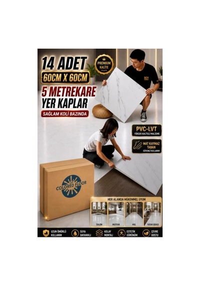 14 Adet 60x60cm Kırık Beyaz Mermer Desen Floor Pvc-lvt Yapışkanlı Yer Kaplama Parkesi Kauçuklu 6216