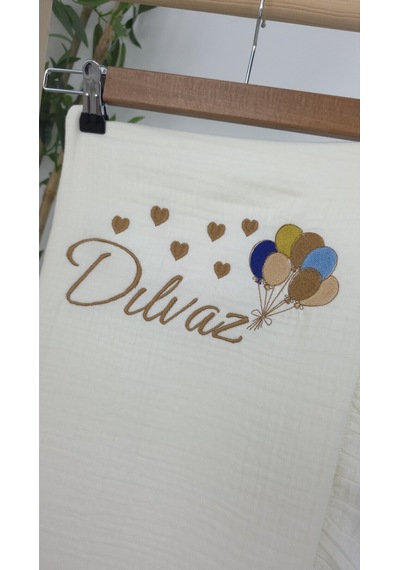 Gros Shop Müslin Yeni Doğan 4katlı Organik %100pamuk Kişiye Özgü Nakışlı Hastane Çıkış Seti Çoklu Balon Ekru