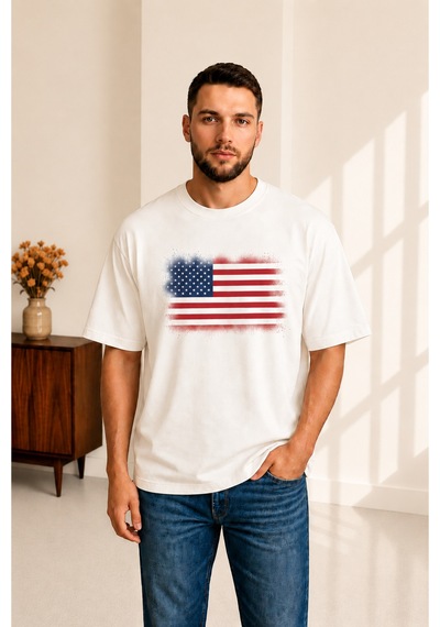 Sngl Tekstil Erkek Oversize Amerika Bayrak Baskılı Kısa Kollu Tişört S M L Xl 2xl Beyaz