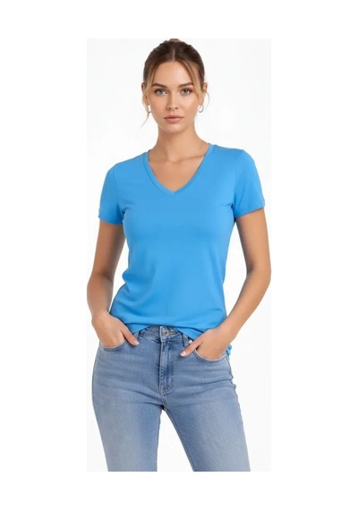 Hazego T-shirt V Yaka Slim Fit Likralı Tişört Günlük Basic Body - Açık Mavi