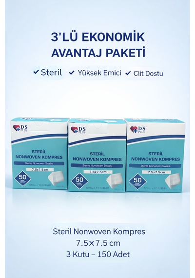 Steril Nonwoven Kompres 7.5x7.5 Cm 150 Adet 3 Lü Paket Hipoalerjenik Yüksek Emici Kumaş
