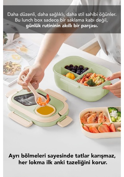 Bondie Kilitli Kapak Yemek Kabı - 2 Katlı Bölmeli Kaşık Ve Sosluklu Lunch Box Beslenme Kutusu Yeşil