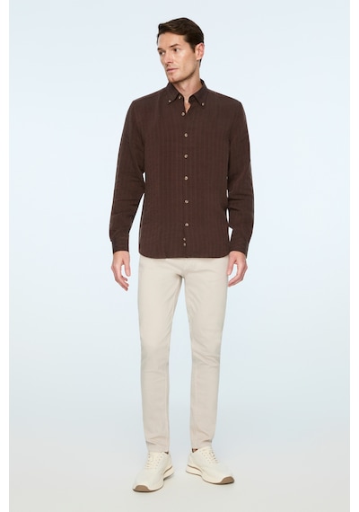 Morven Erkek Kahve Liyosel Trend Çizgili Dinamik Fit Düğmeli Yaka Gömlek 26ms004032400 Kahve