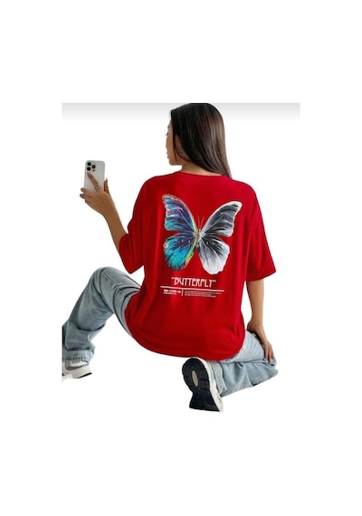 Kozia Outdoors Kadın Butterfly Baskılı Bisiklet Yaka Tişört Kırmızı Kirmizi