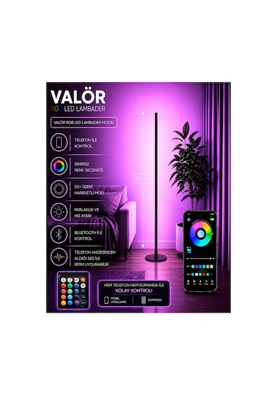 Valör Telefon Ve Kumanda Kontrollü - Oda Aydınlatma Sistemi Full Rgb - 150 Cm Siyah