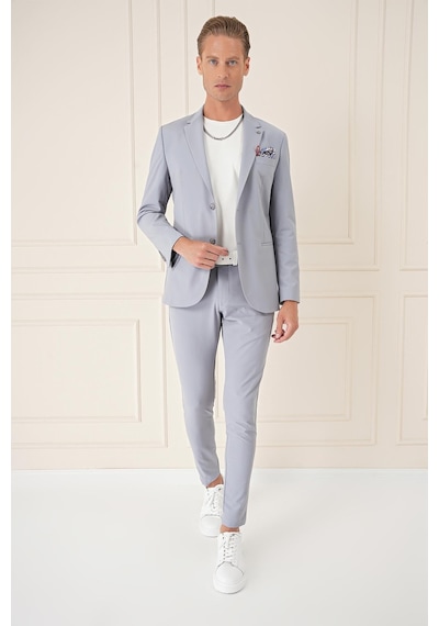 Efor Comfort Fit Çift Yırtmaç Fleto Cep Esnek Pamuk Casual Gri Mavi Ceket C 675 Gri - Mavi