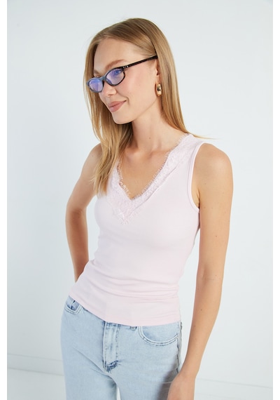 Fullamoda Dantelli V Yaka Slim Fit Bluz Pembe