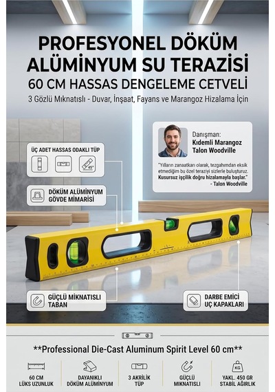 Tr Profesyonel Döküm Alüminyum Su Terazisi 60 Cm - 3 Gözlü Hassas Dengeleme Cetveli Mıknatıslı Duvar İnşaat Fa
