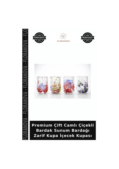 Premium Çift Camlı Çiçekli Bardak Sunum Bardağı Zarif Kupa İçecek Kupası Çok Renkli