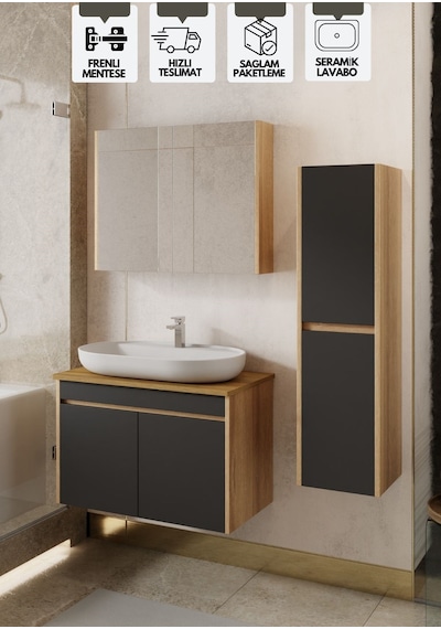 Karen Banyo Luna 80 Cm Tezgahlı, Aynalı Banyo Dolabı Seti, Seramik Lavabo Dahil Sonoma - Antrasit Karen Banyo Luna 80 Cm Tezgahlı, Aynalı Banyo Dolabı Seti, Seramik Lavabo Dahil Sonoma - Antrasit