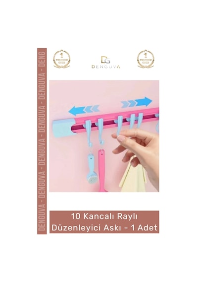 Askı Dolap İçi Pratik Askılık Organizer 10 Kancalı Raylı Mutfak Banyo Düzenleyici Askı Çok Renkli