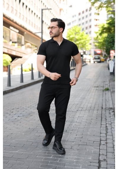 Efnaz Style Erkek Kısa Kollu Yakalı Tişört Siyah