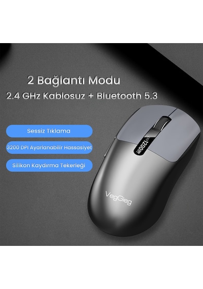 Veggieg G900 Dual-mode Bluetooth 5.3 Ve 2.4ghz 3600dpı Ekranlı Şarjlı Optik Kablosuz Mouse Siyah -
