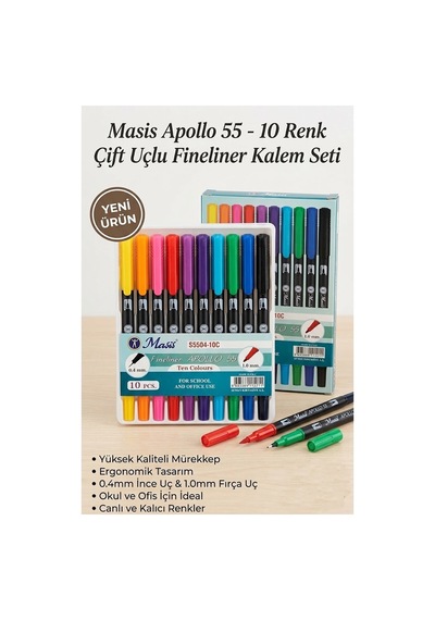 Fineliner 10 Lu Çift Taraflı İnce Uçlu Kalem 1 Paket Masis 10 Renk 04-1.0 Mm Keçe Uçlu Kalem Renkli İşaretleme Yazı