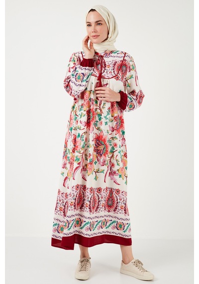 Lela Modest Desenli Regular Fit Bağlamalı V Yaka Maxi Bayan Elbise 611El510 Bordo