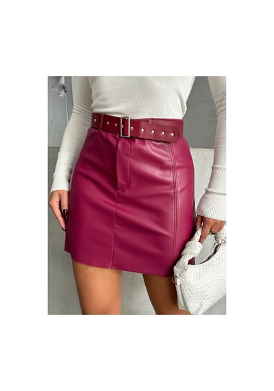 Verymoda Deri Kemerli Etek - F1840 Bordo