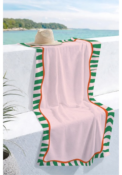 Çizgili Modern Pembe Yeşil Plaj Havlusu - Akdeniz Stil Dalgalı Form Hızlı Kuruyan Mikrofiber Havlu Serin Zambak