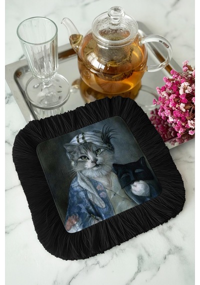 Asil Vintage Kedi Portreli Saçaklı Sunum Peçetesi - Zarif Maskeli Bohem Siyah Bardak Altlığı Mendil Çok Renkli