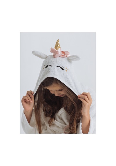 Formeya Kapşonlu Çocuk Bornoz %100 Pamuklu Su Emici Unicorn Beyaz - Pudra