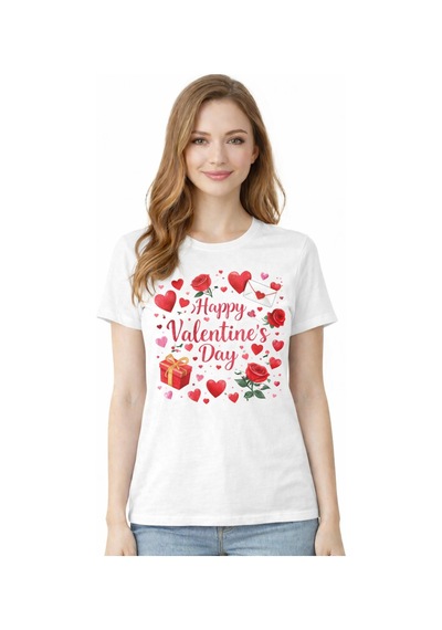Herkesemoda Happy Valentines Day Baskı Detaylı Basic T-shirt Beyaz
