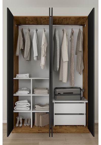 Aeka Ae-3190 Burç 4 Kapaklı Çok Bölmeli Askılı Raflı Ve Çekmeceli 210x140x53cm Gardırop Çam - Antrasit