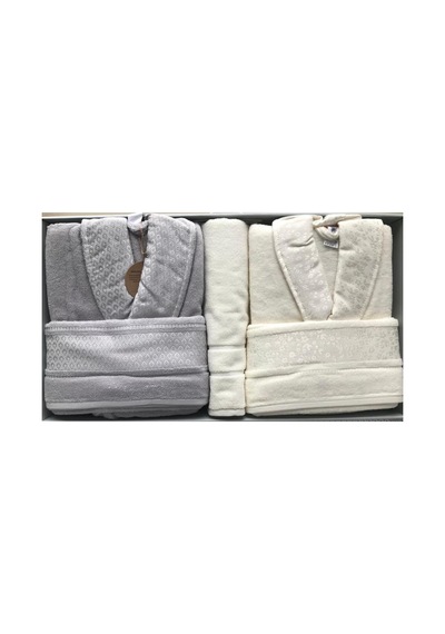 Camellia Gri Krem Aile Bornoz Seti + Banyo Paspas 4542