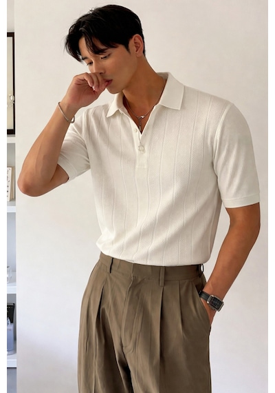 Tarz Cool Erkek Triko Polo Yaka Tişört Slim İnce Dokulu Şık Basic Triko T-shirt Beyaz